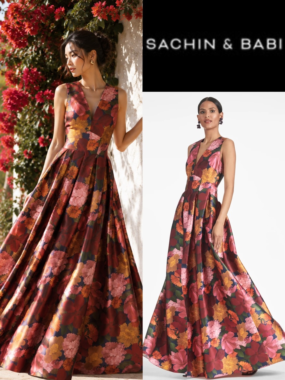 Sachin + Babi Burgundy Floral V-Neck Prom Gown
